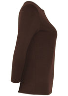 Side view of 3/4 sleeve soft, stretch rayon jersey top with boat neckline in dark brown