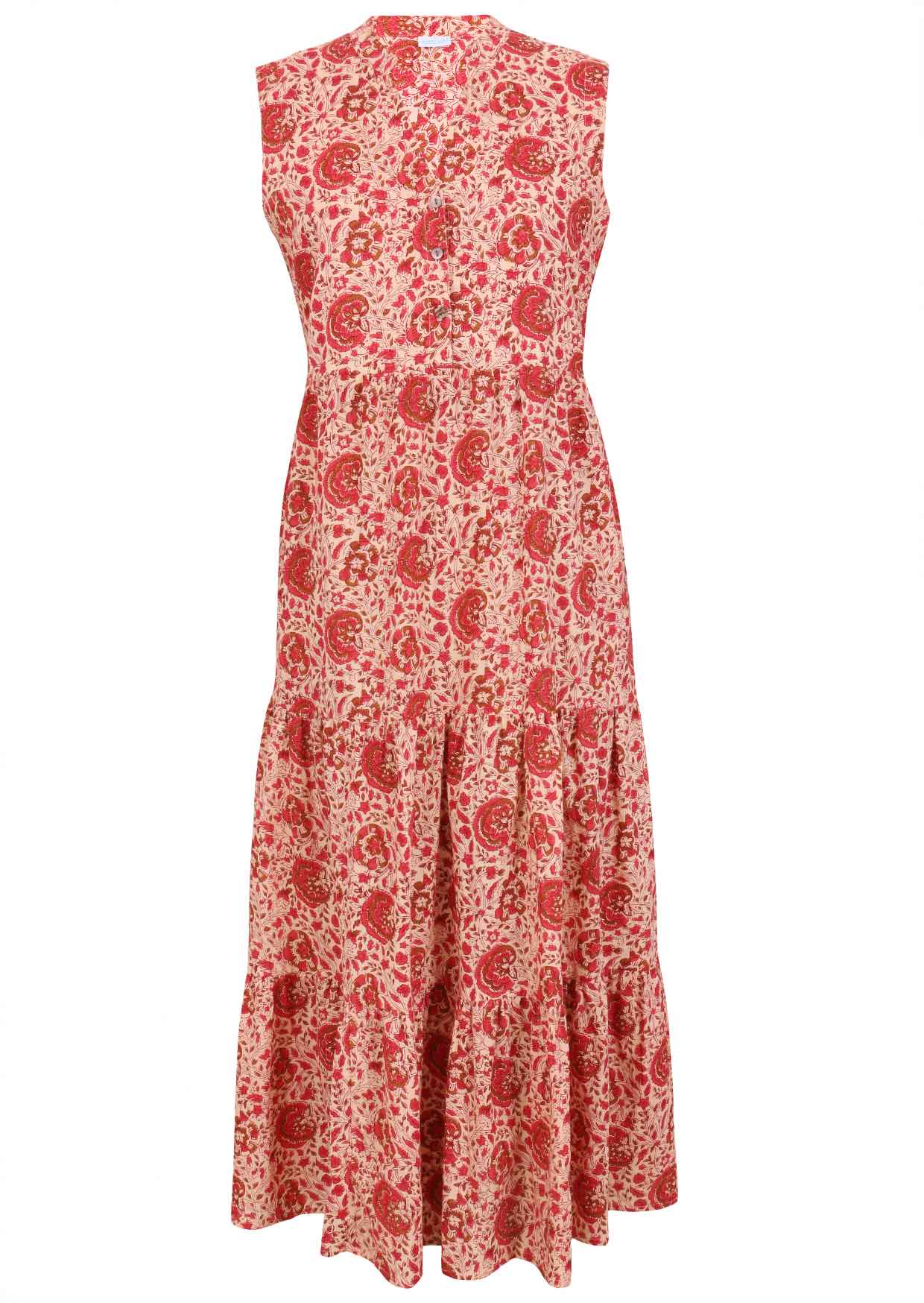 Sleeveless floral cotton maxi dress in bottle green with buttoned bodice, mandarin collar and 3 tiered maxi skirt 