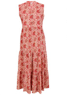 Sleeveless floral cotton maxi dress in bottle green with buttoned bodice, mandarin collar and 3 tiered maxi skirt 