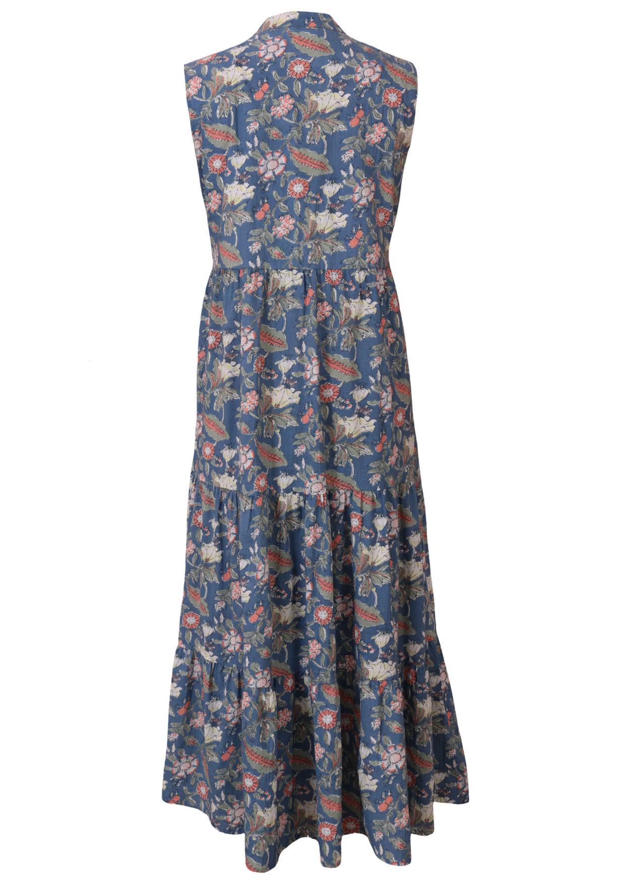 100% cotton sleeveless maxi dress with 3 tiered skirt, mandarin collar and buttoned bodice