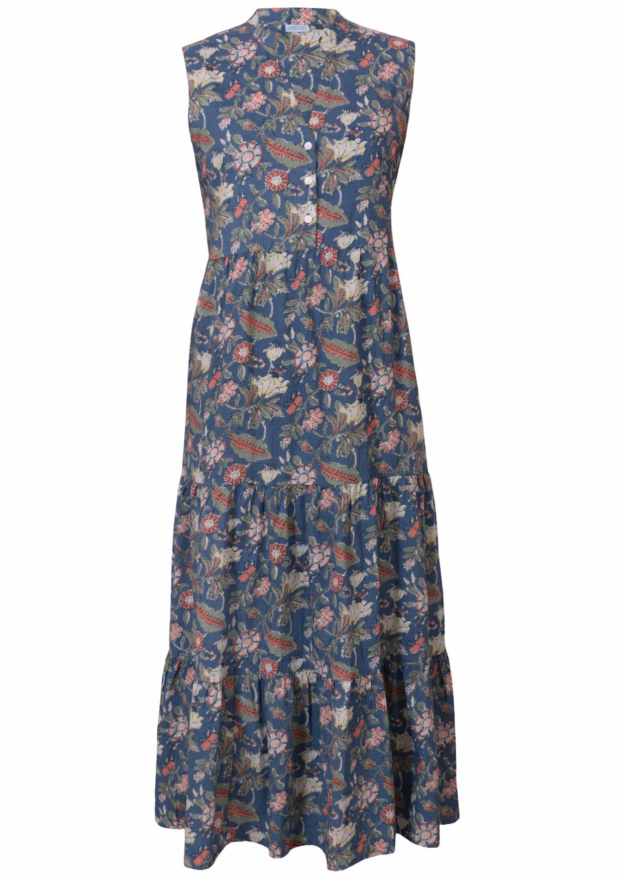 Sleeveless floral cotton maxi dress in dusty blue with buttoned bodice, mandarin collar and 3 tiered maxi skirt 