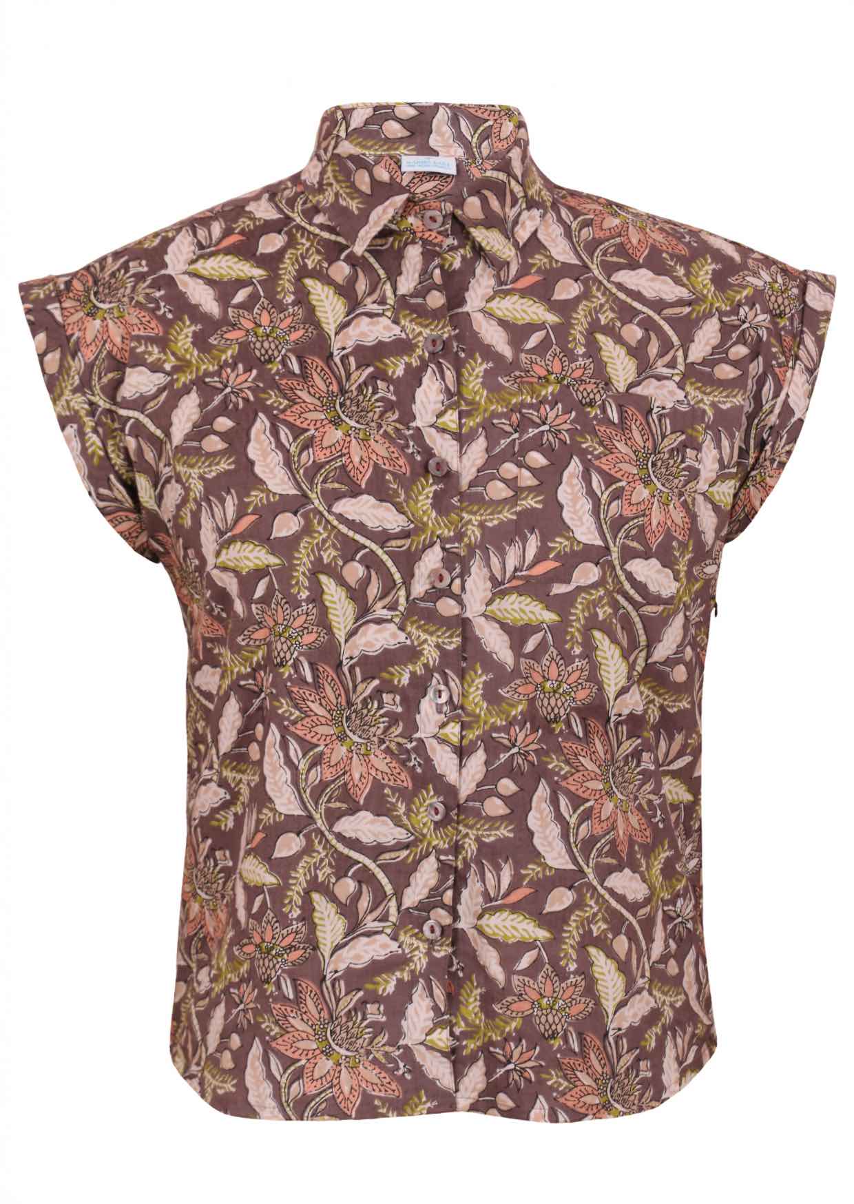 100% natural cotton slim-fit floral print shirt in light brown, with cap sleeves and folded cuffs, collar and shell buttons