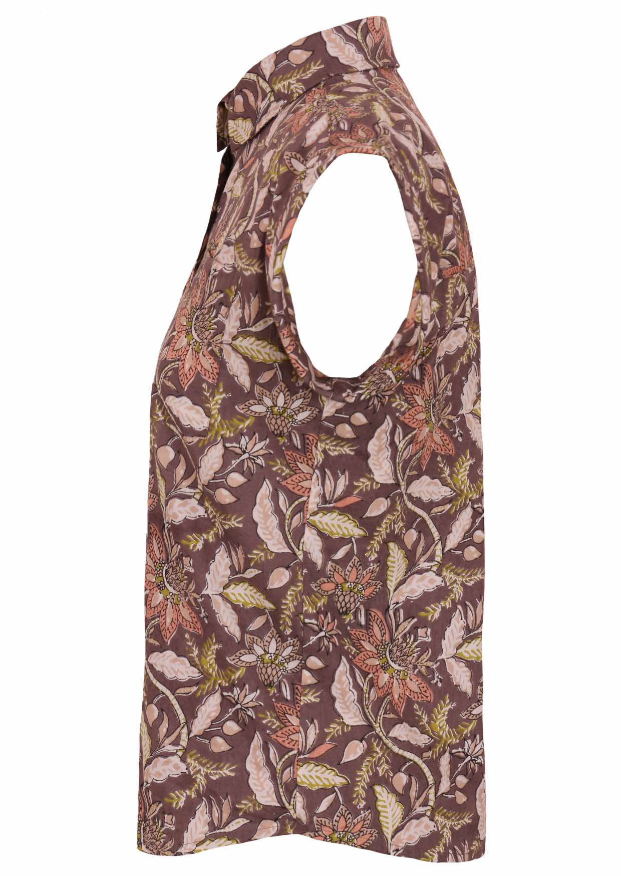 Side view of lightweight floral cotton button up shirt with folded cuff sleeves and one breast pocket 