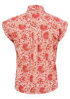 Back view of cream based warm floral print cotton shirt with a structured collar.