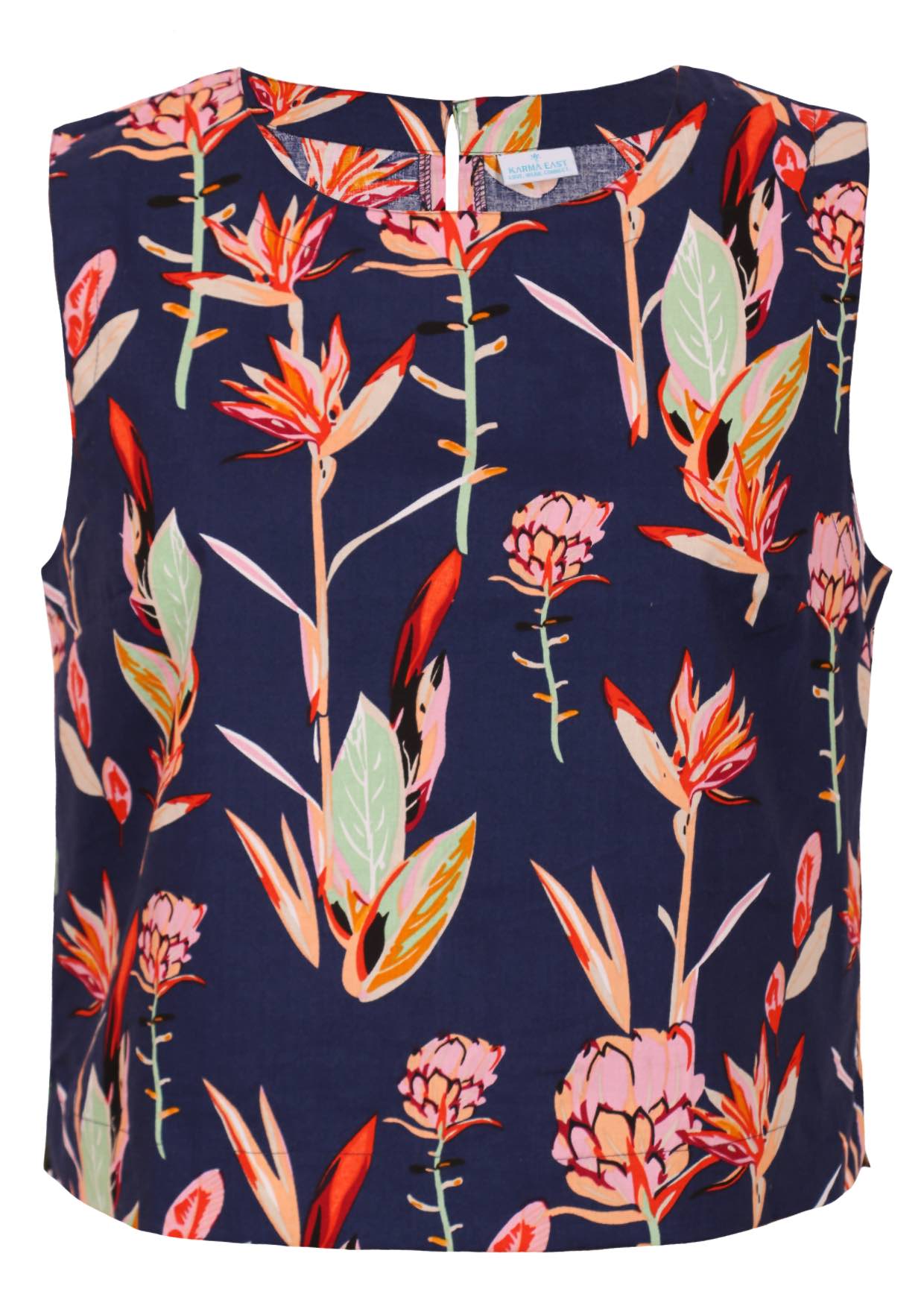 100% cotton sleeveless floral print top with round neckline.