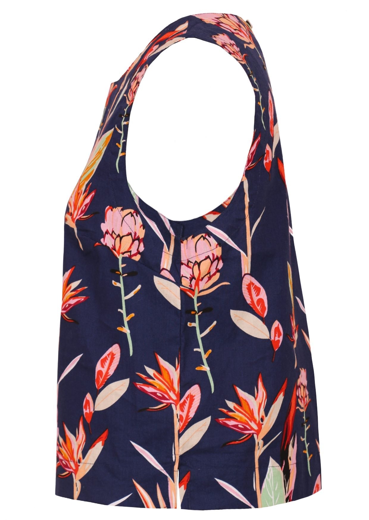 Navy blue based relaxed fit sleeveless top with bust darts.