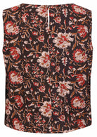 Black based traditional Indian floral print cotton top on a white background.