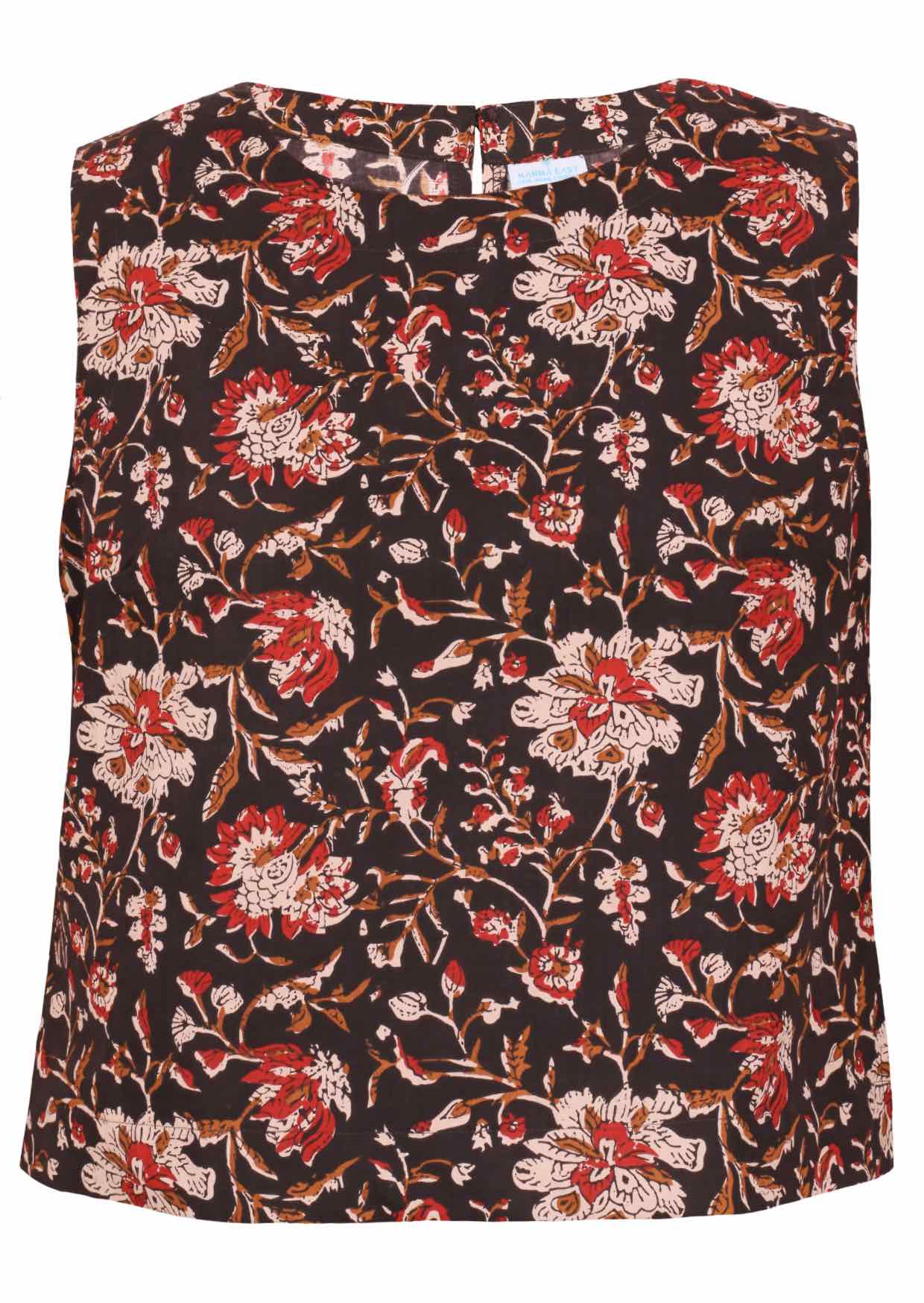 Black based traditional Indian floral print cotton top with round neckline.