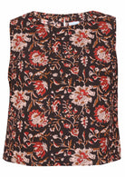 Black based traditional Indian floral print cotton top with round neckline.