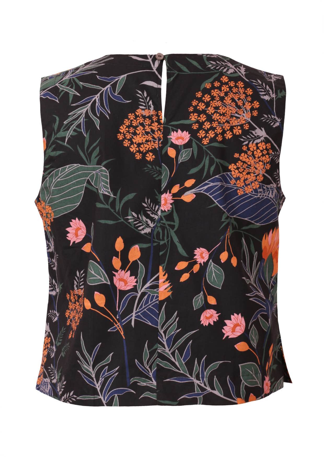 100% cotton sleeveless top with button back closure and pink and orange floral print on black base