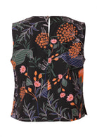 100% cotton sleeveless top with button back closure and pink and orange floral print on black base