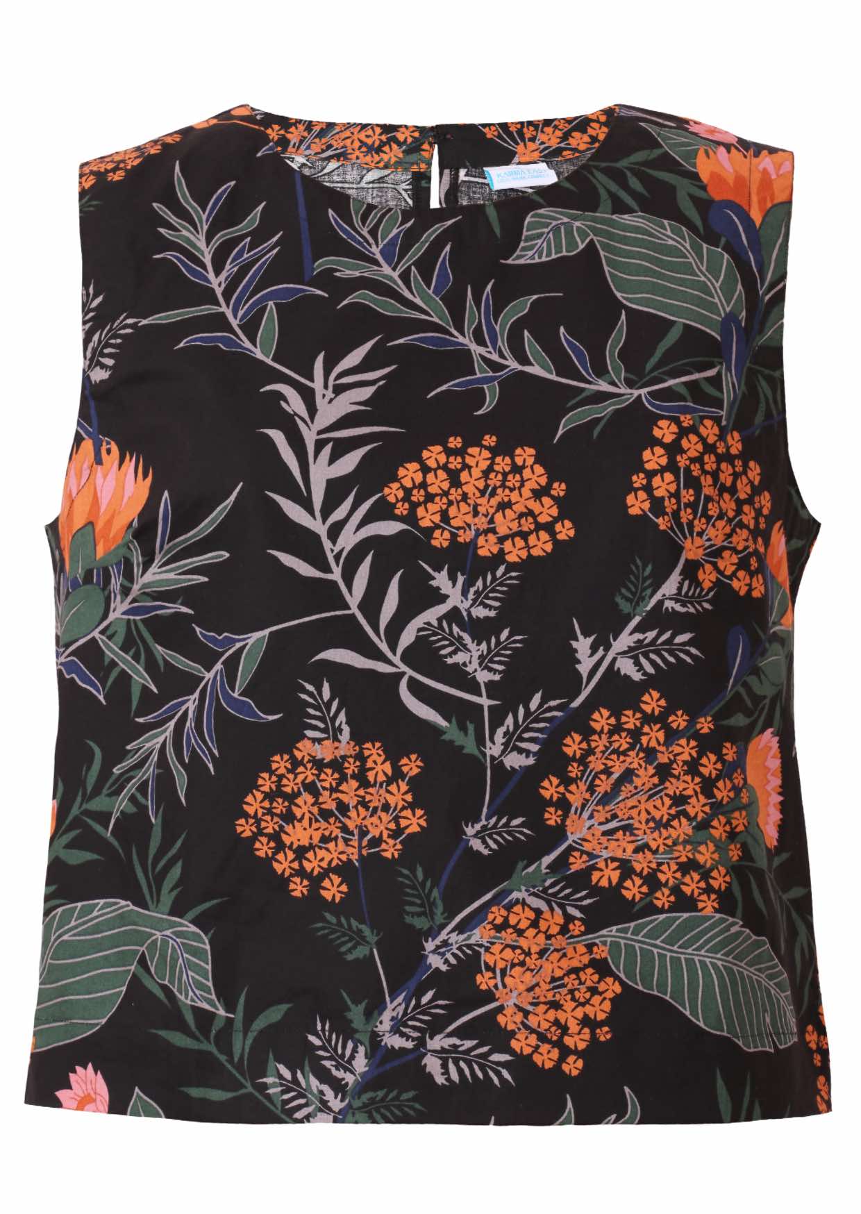 Relaxed fit sleeveless cotton top with round neckline and bust darts in black based botanical print