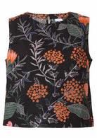 Relaxed fit sleeveless cotton top with round neckline and bust darts in black based botanical print