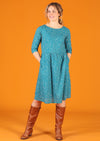 round neck cotton teal dotty dress with pockets