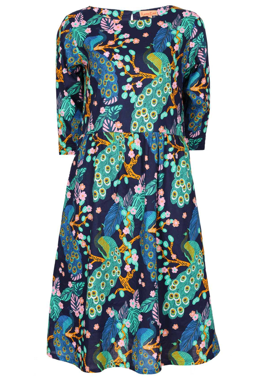 Briar Dress Peacock lightweight 100% cotton lined 3/4 sleeve high neck over knee length relaxed fit peacock print dress with pockets | Karma East Australia