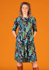 Briar Dress Peacock lightweight 100% cotton lined 3/4 sleeve high neck over knee length relaxed fit peacock print dress with pockets | Karma East Australia