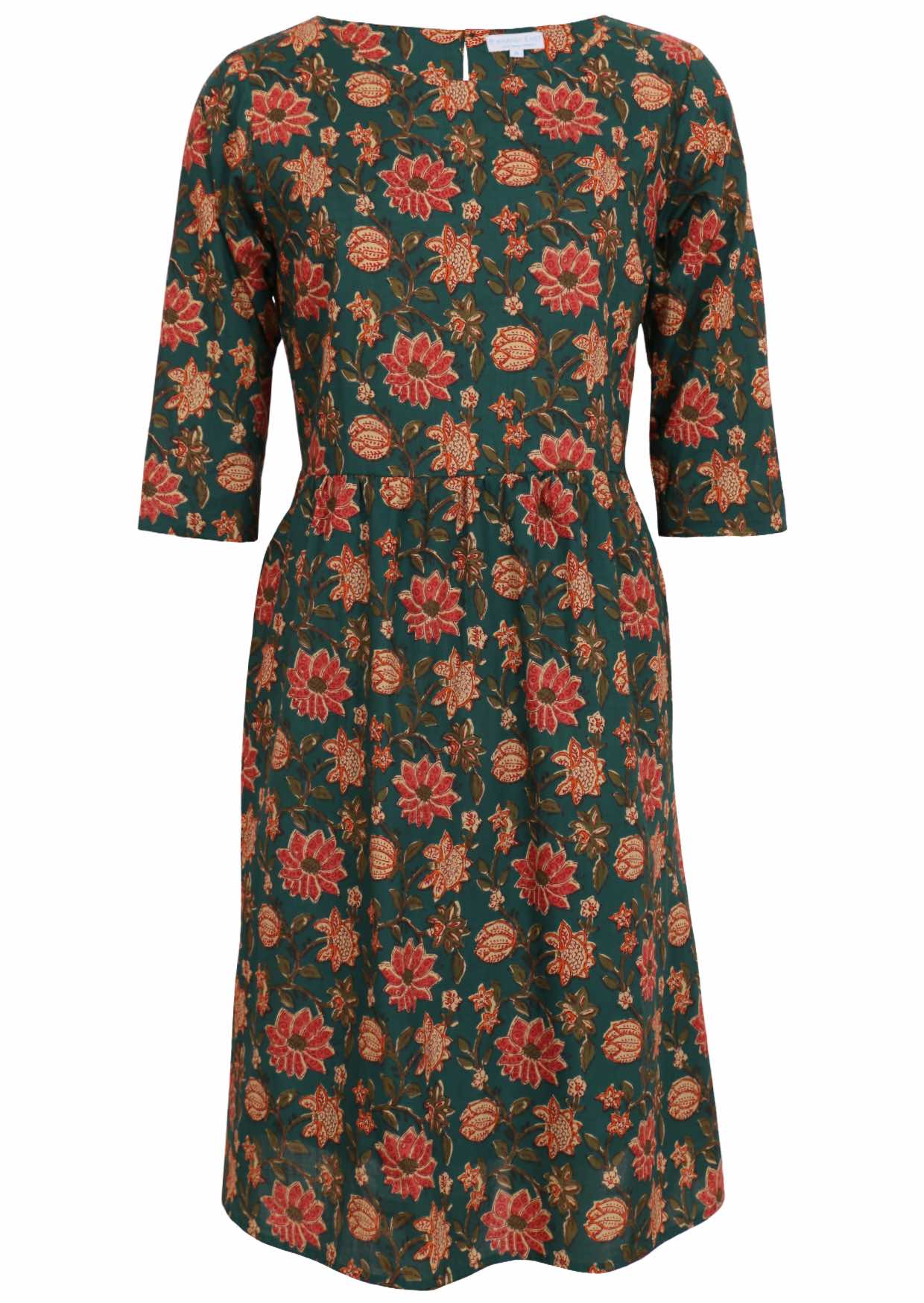 Front mannequin pic of 3/4 sleeves over a knee length cotton dress with boat neckline and pockets.