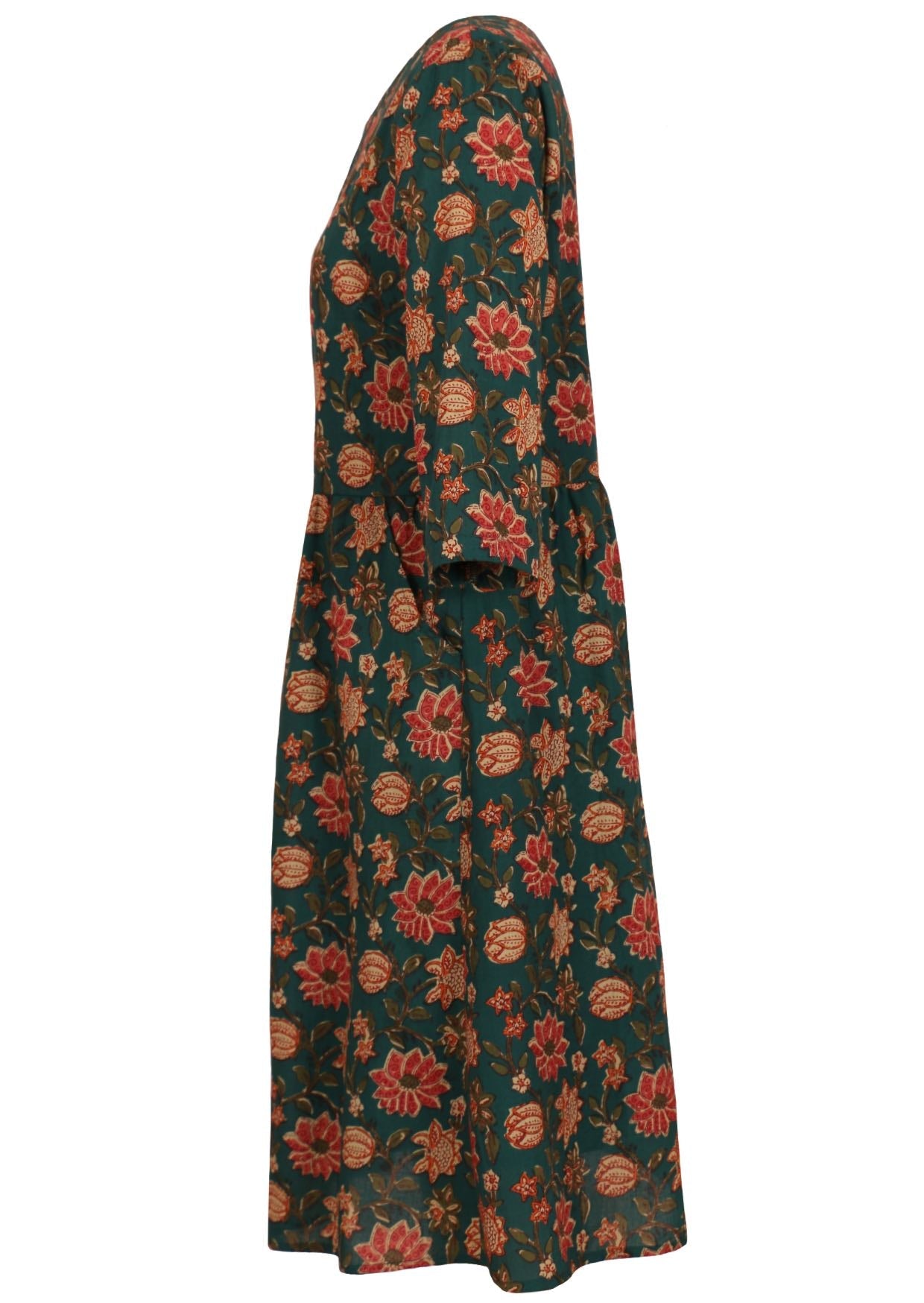Side image of a 100% cotton dress with 3/4 sleeves and pockets in dark green base.