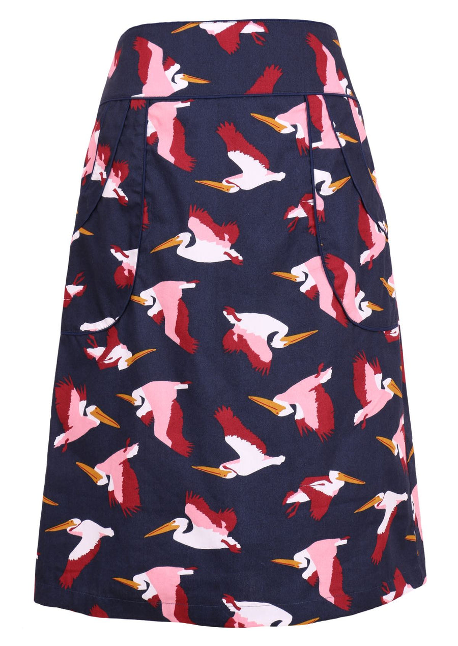 Bridgette Skirt Percival 100% cotton pelican print on dark blue base over knee skirt with pockets | Karma East Australia