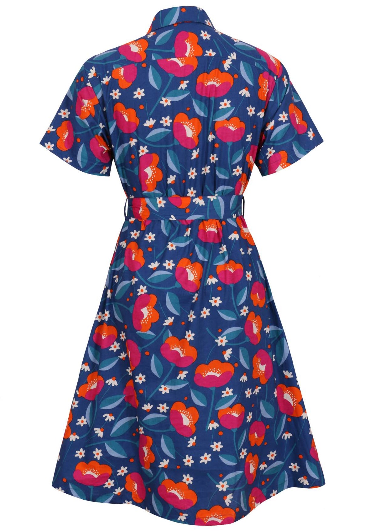 Button through cotton shirt dress with short sleeves, pockets and structured collar
