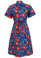 Button through shirt style cotton dress with collar, short sleeves and fabric waist tie 