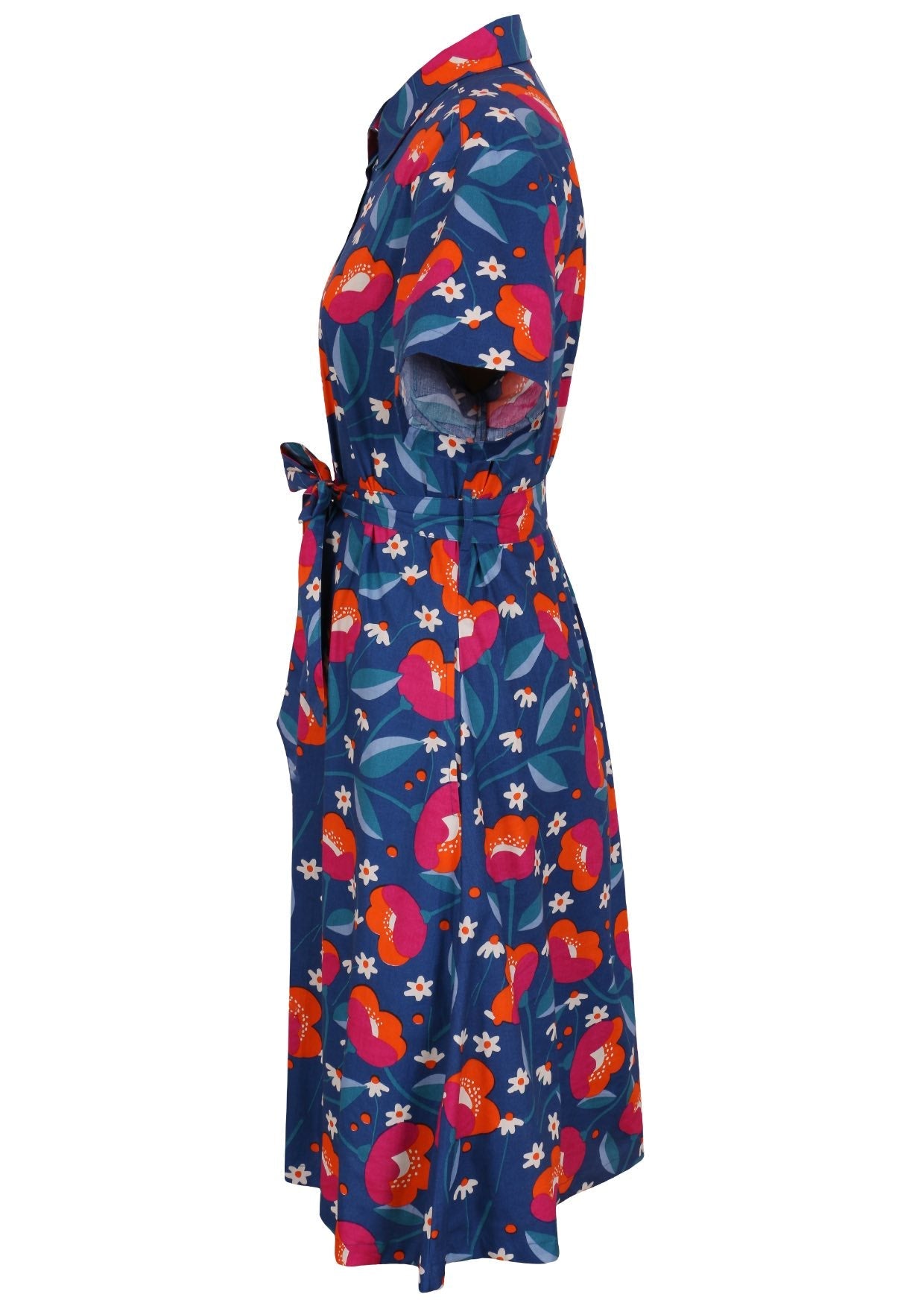 100% cotton shirt style maxi dress with removable fabric waist tie and side pockets in a royal blue based print