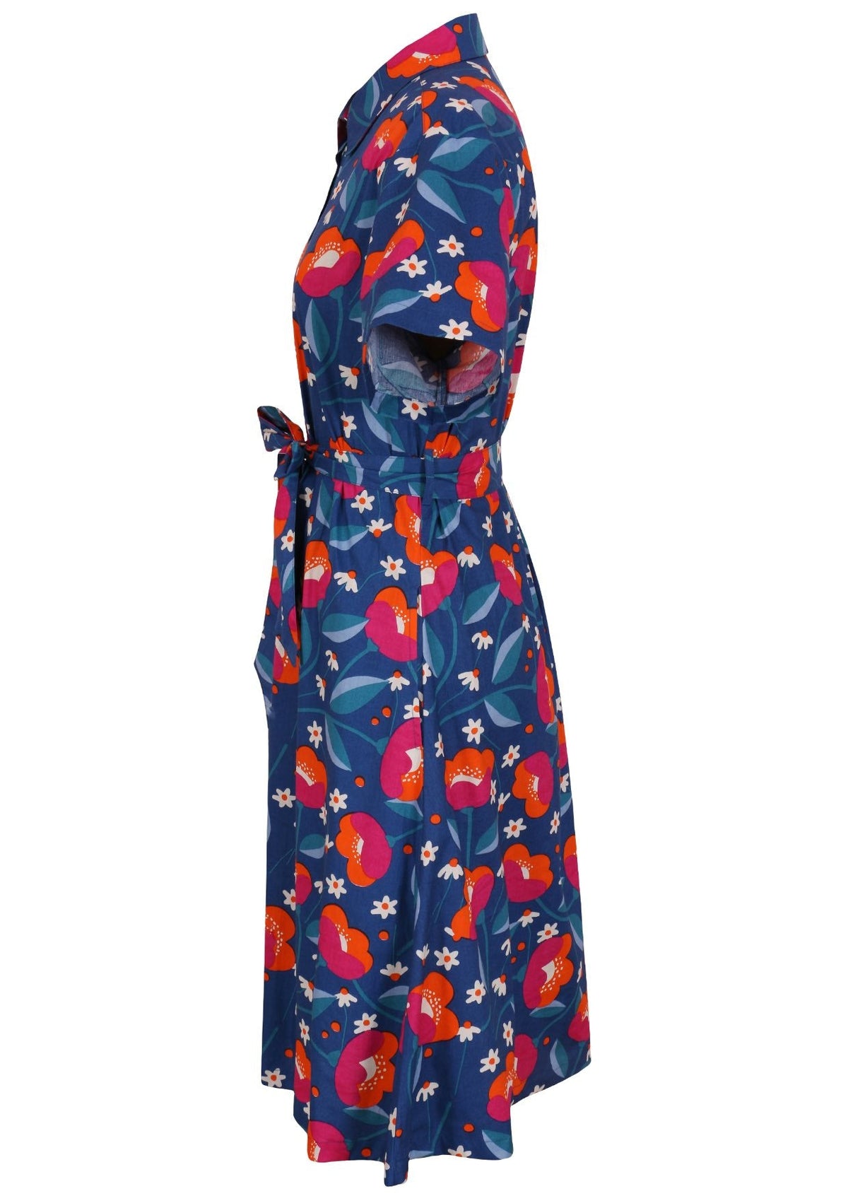 100% cotton shirt style maxi dress with removable fabric waist tie and side pockets in a royal blue based print
