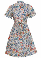 Button through shirt style cotton dress with collar, short sleeves and fabric waist tie 