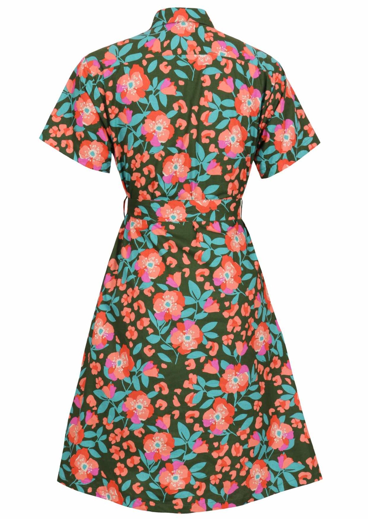 Button through cotton shirt dress with short sleeves, pockets and structured collar