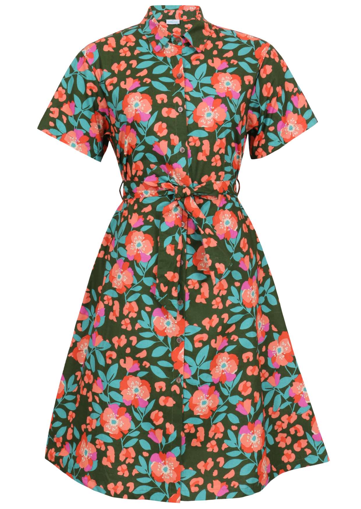 Button through shirt style cotton dress with collar, short sleeves and fabric waist tie 