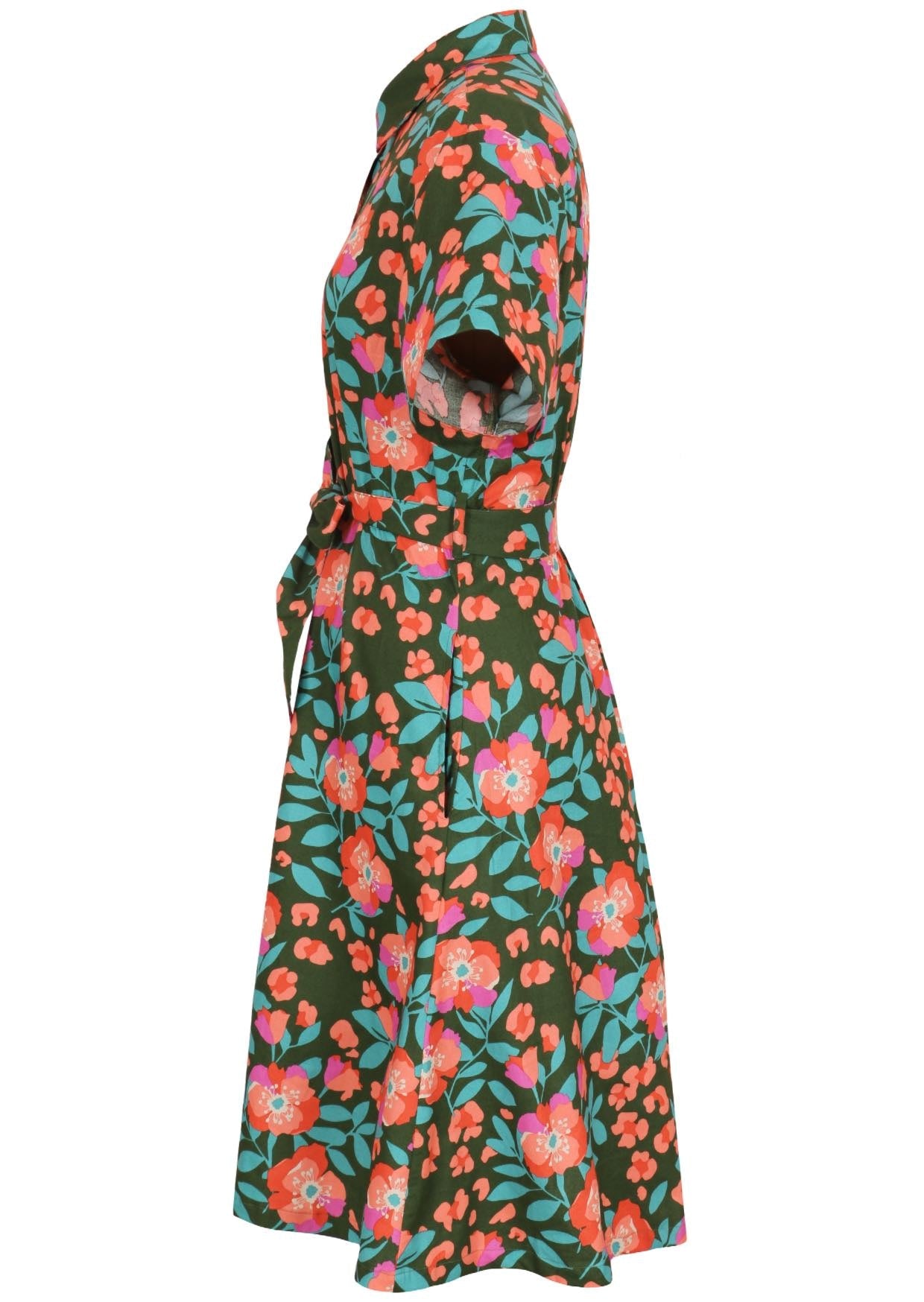 100% cotton shirt style maxi dress with removable fabric waist tie and side pockets in a olive green based print