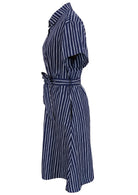 100% cotton shirt style maxi dress with removable fabric waist tie and side pockets in a navy blue based print