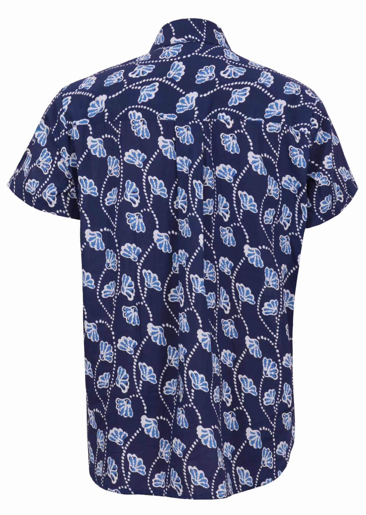 Back view of short-sleeve button-up relaxed fit cotton collared shirt in navy blue with a light blue and white floral print