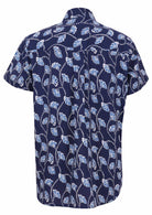 Back view of short-sleeve button-up relaxed fit cotton collared shirt in navy blue with a light blue and white floral print