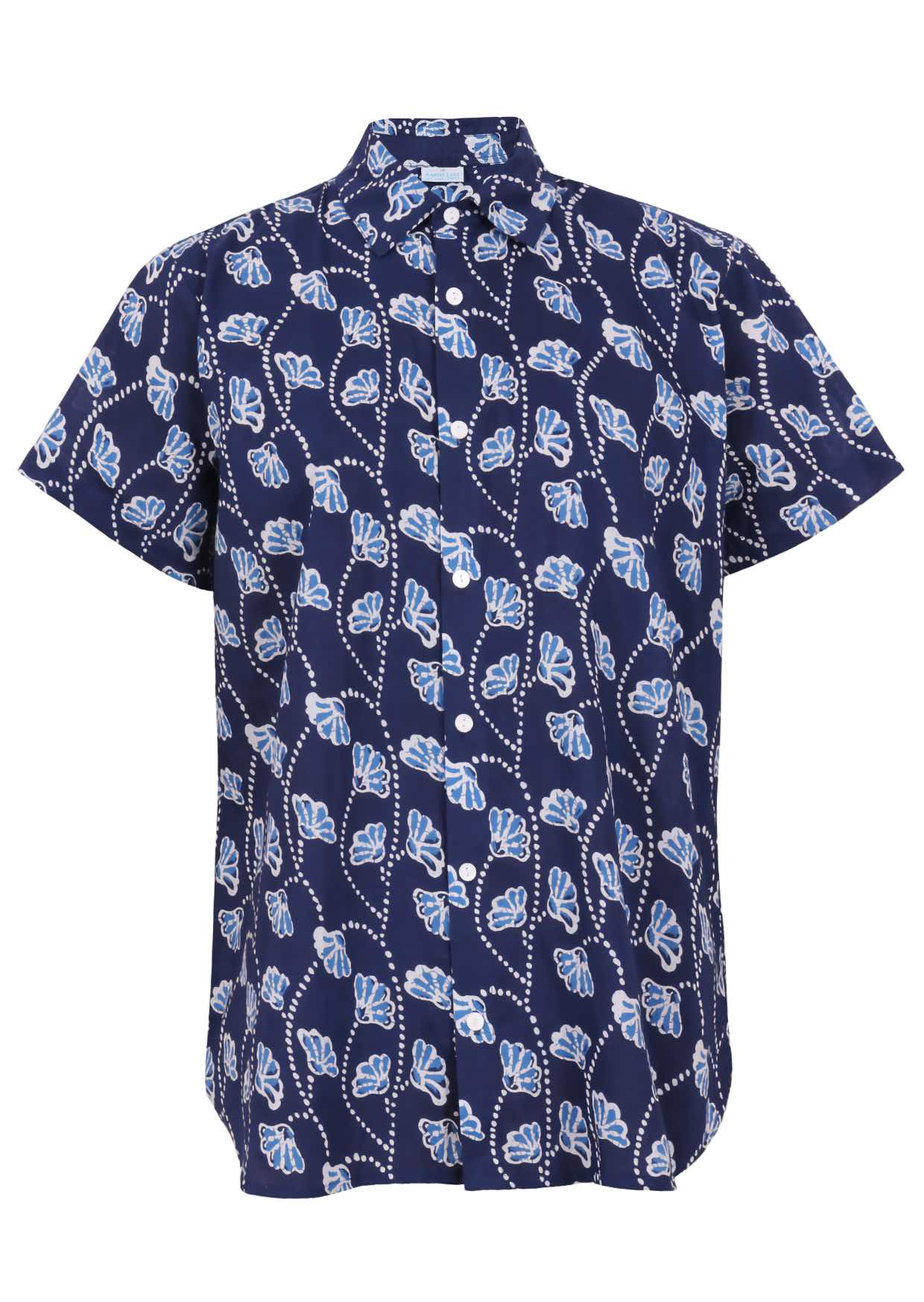 A short-sleeve button-up relaxed fit cotton collared shirt in navy blue with a light blue and white floral print