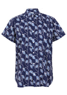 A short-sleeve button-up relaxed fit cotton collared shirt in navy blue with a light blue and white floral print