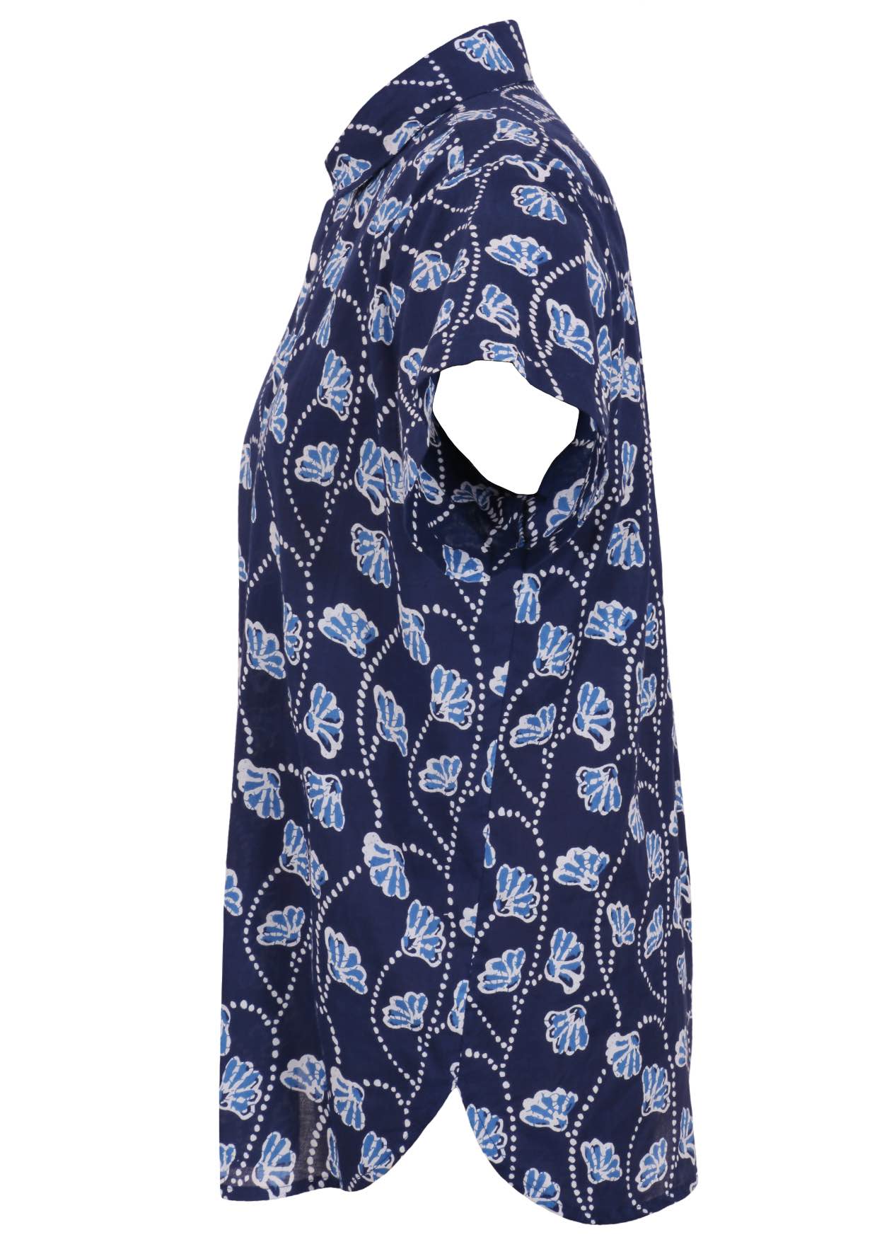 Side view of short-sleeve button-up relaxed fit cotton collared shirt in navy blue with a light blue and white floral print