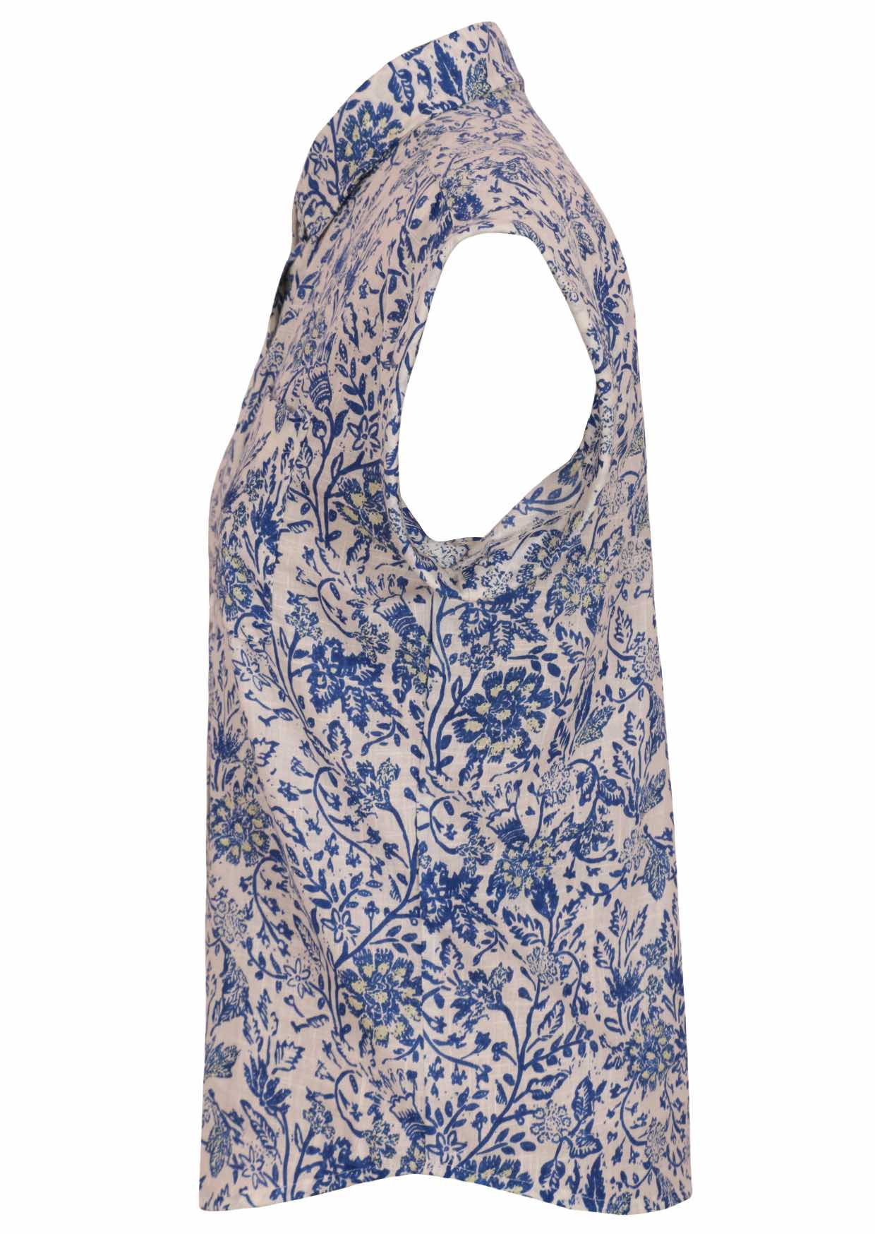 White based blue floral print cotton shirt on a mannequin against a white background