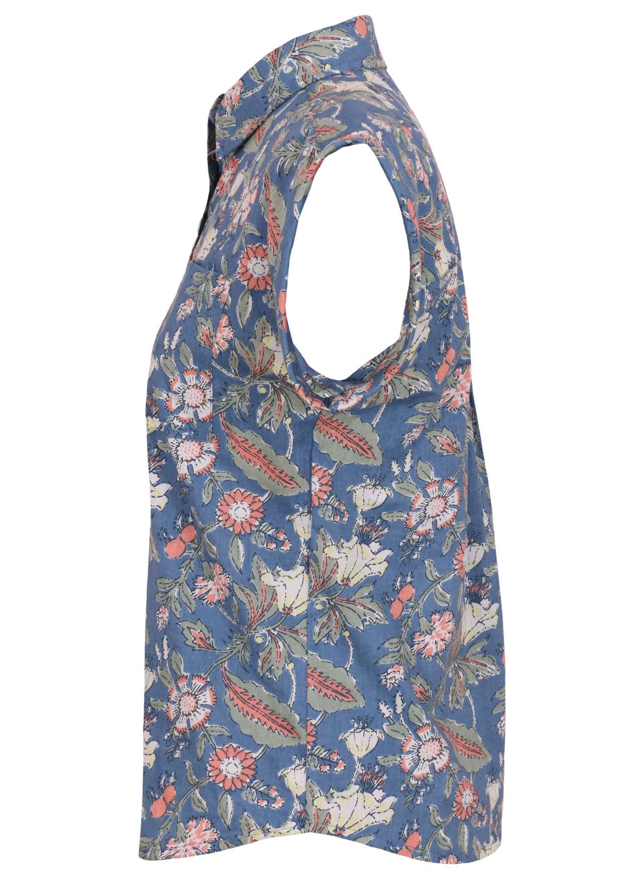 100% cotton dusty blue based floral print slim fit shirt with folded cap sleeves, collar  and a chest pocket 