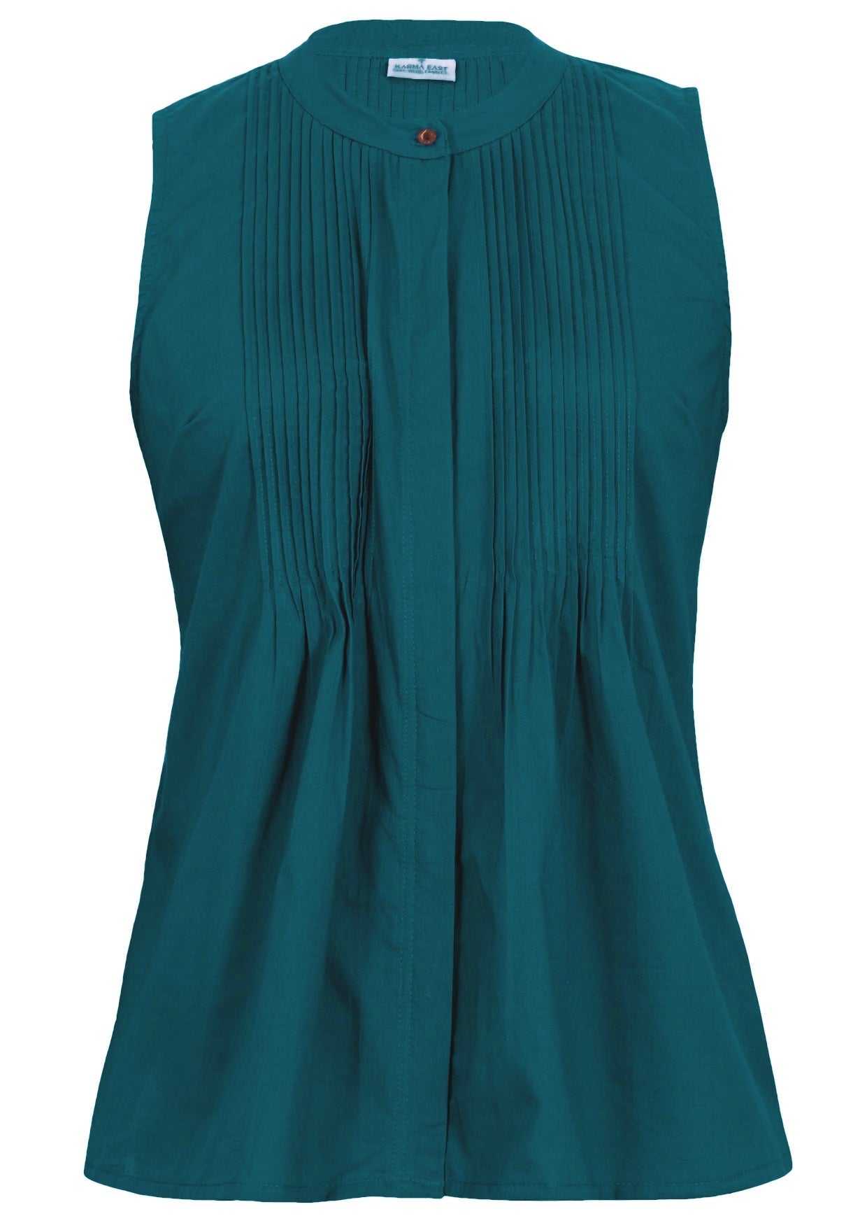 Sleeveless cotton in deep teal top with tiny decorative pleats across bust and buttons