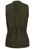 100% cotton sleeveless top in olive green with tiny decorative pleats in center of the back and front 