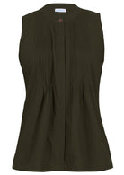Sleeveless 100% cotton top in olive green shade with tiny decorative pleats, mandarin collar and a button 