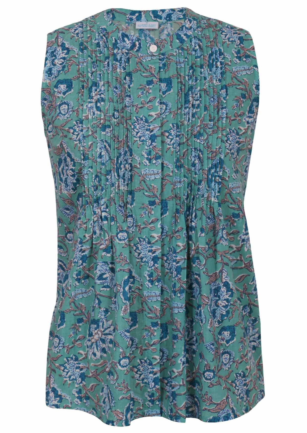 Sleeveless light blue cotton top with button up collar, vertical small pleats and flared hem.