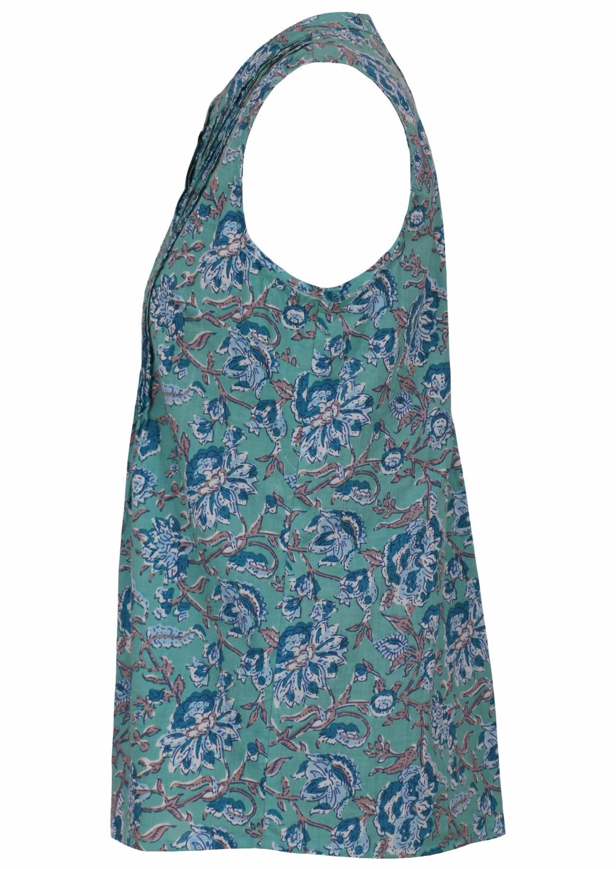 Floral printed light blue cotton top with tiny  pleats in the front and high round button up neckline.