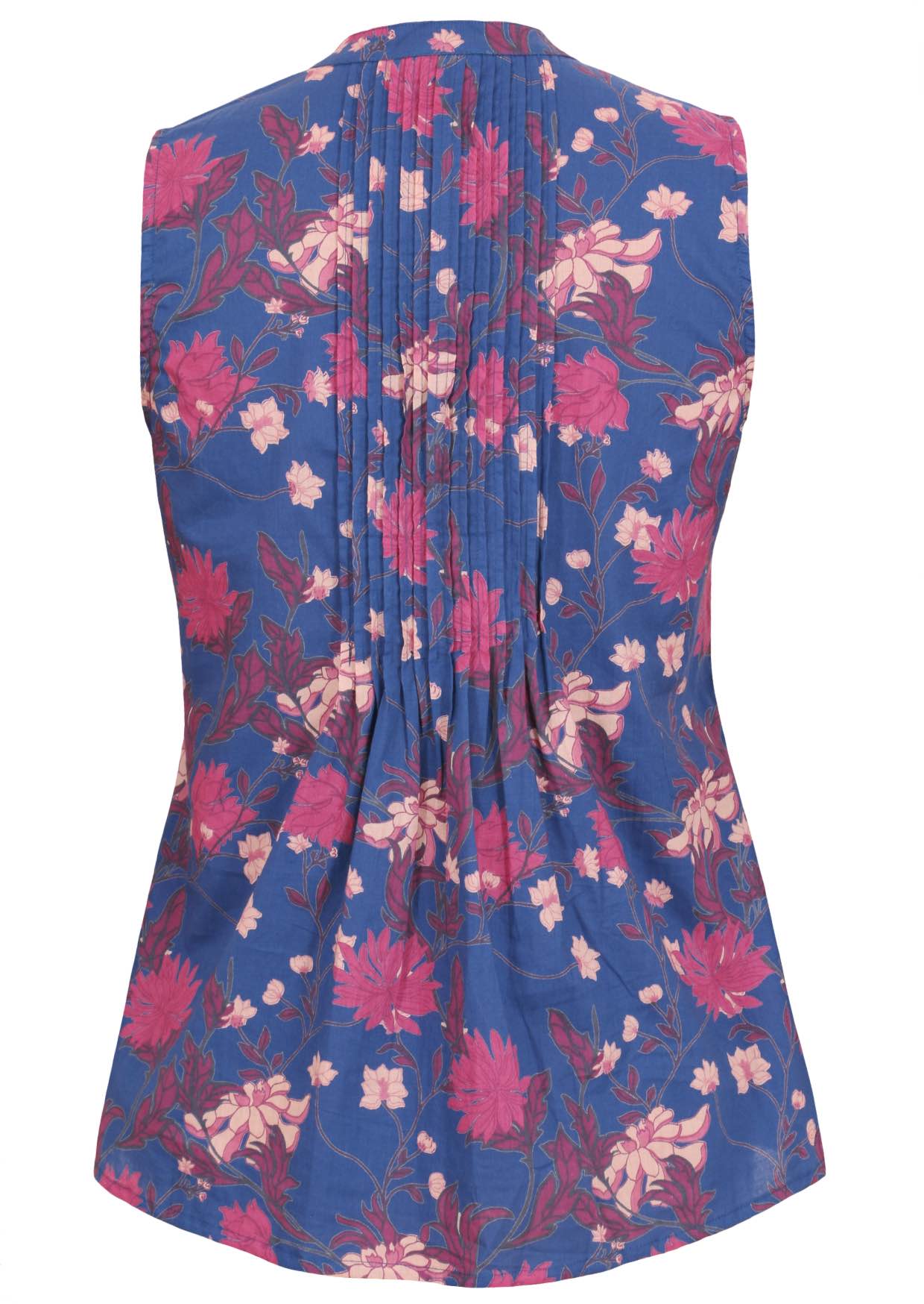Back view of navy blue floral print sleeveless top with flared hem and vertical decorative pleats at the center of the back 