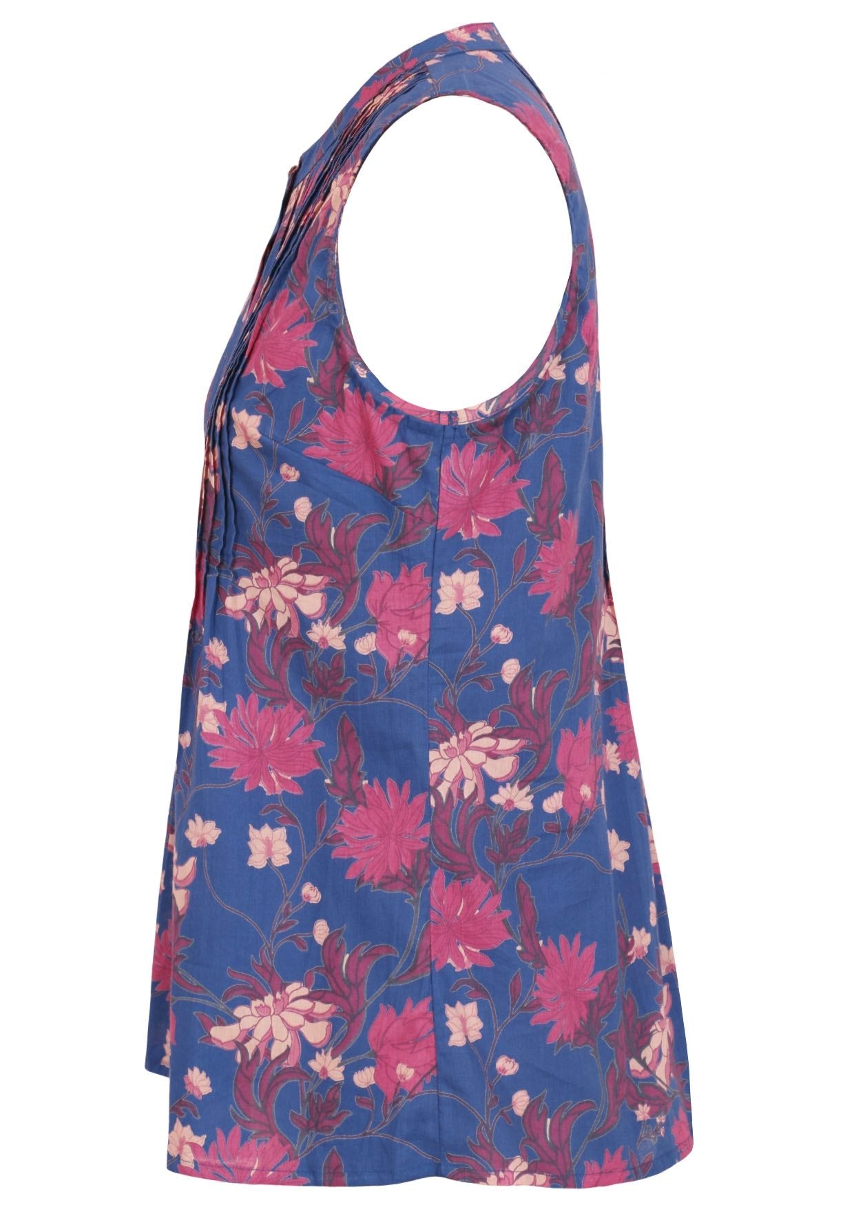 Side view of navy blue 100% cotton sleeveless top with decorative vertical pleats and mandarin buttoned collar