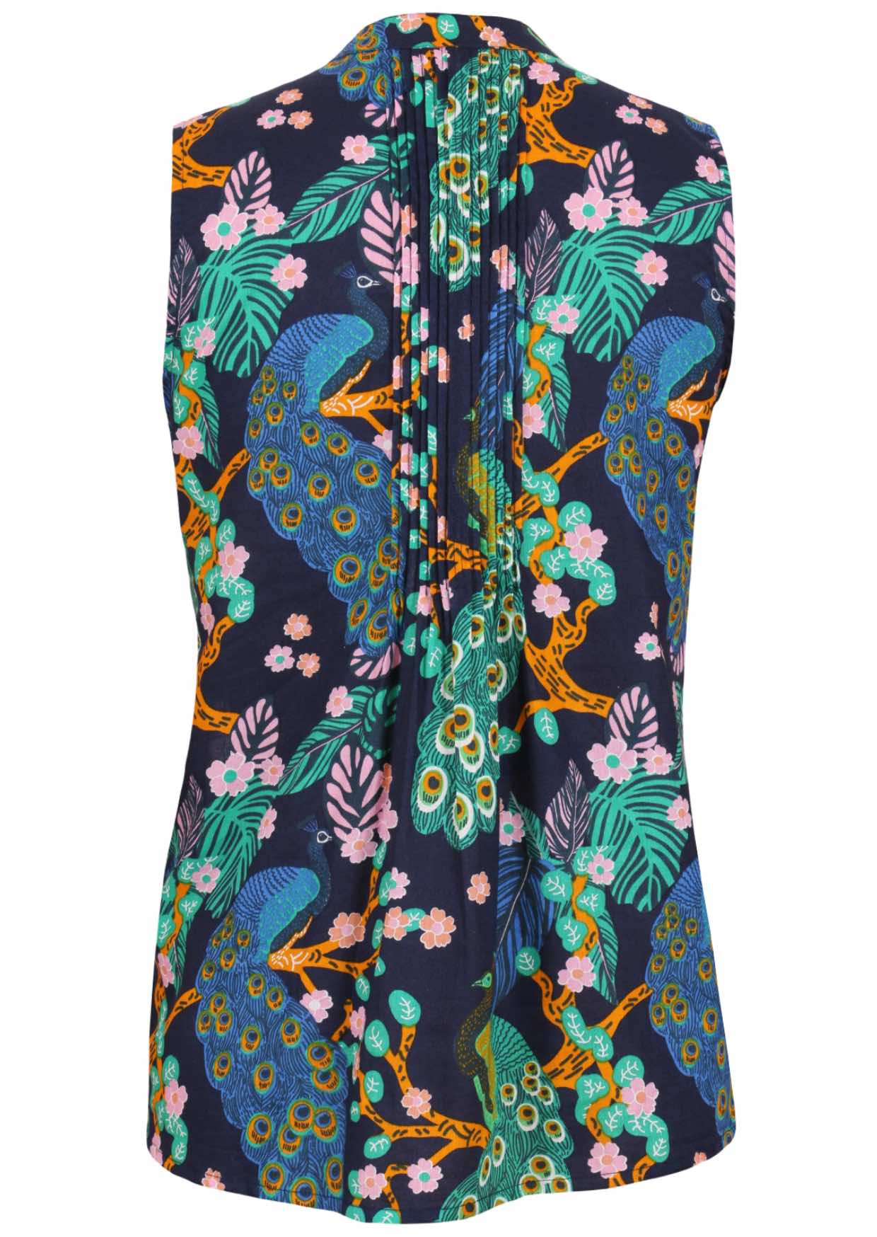 Back view of navy based floral print sleeveless top with flared hem and vertical decorative pleats at the center of the back 