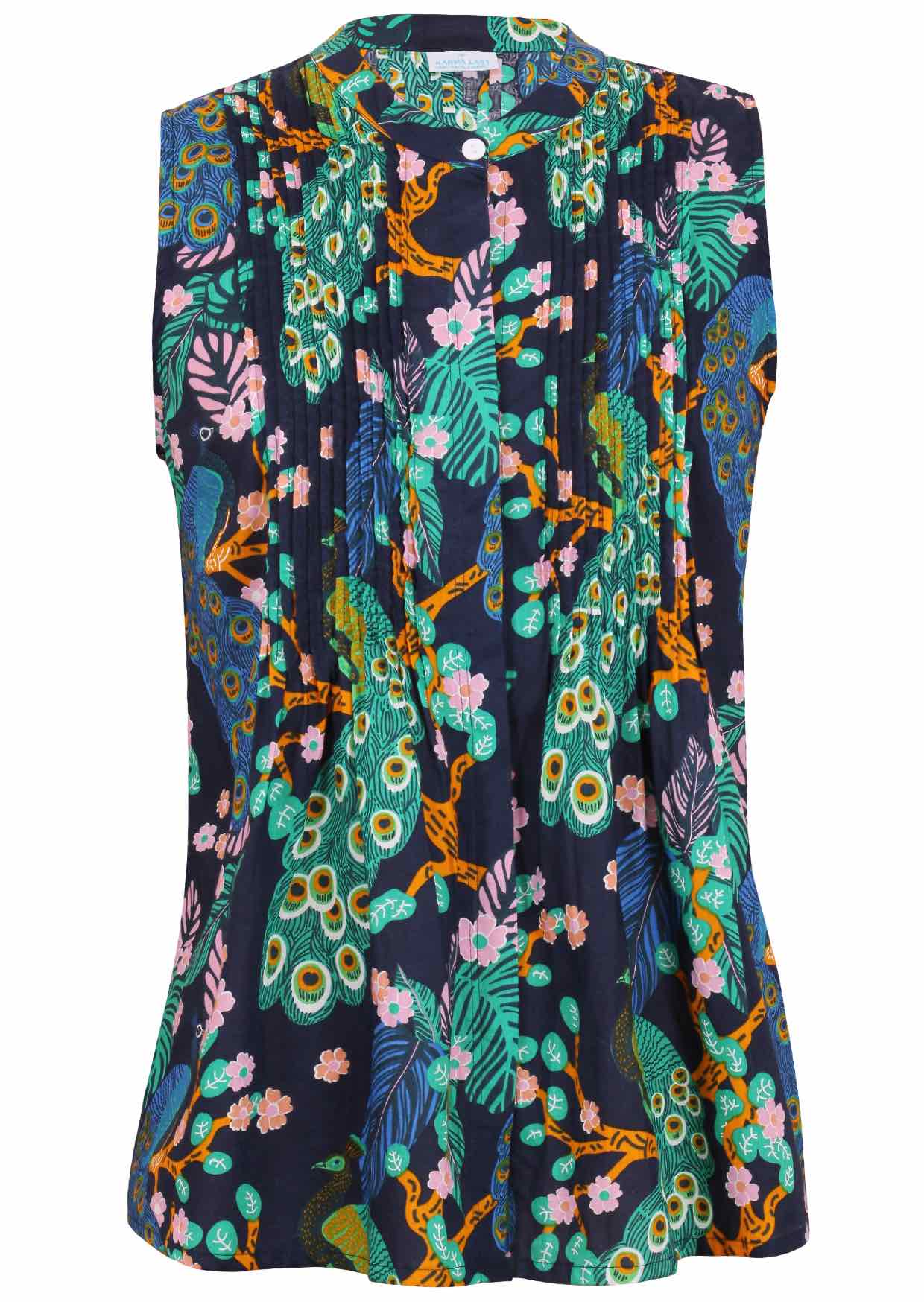 Sleeveless navy based floral cotton top with button up collar, vertical small pleats and flared hem
