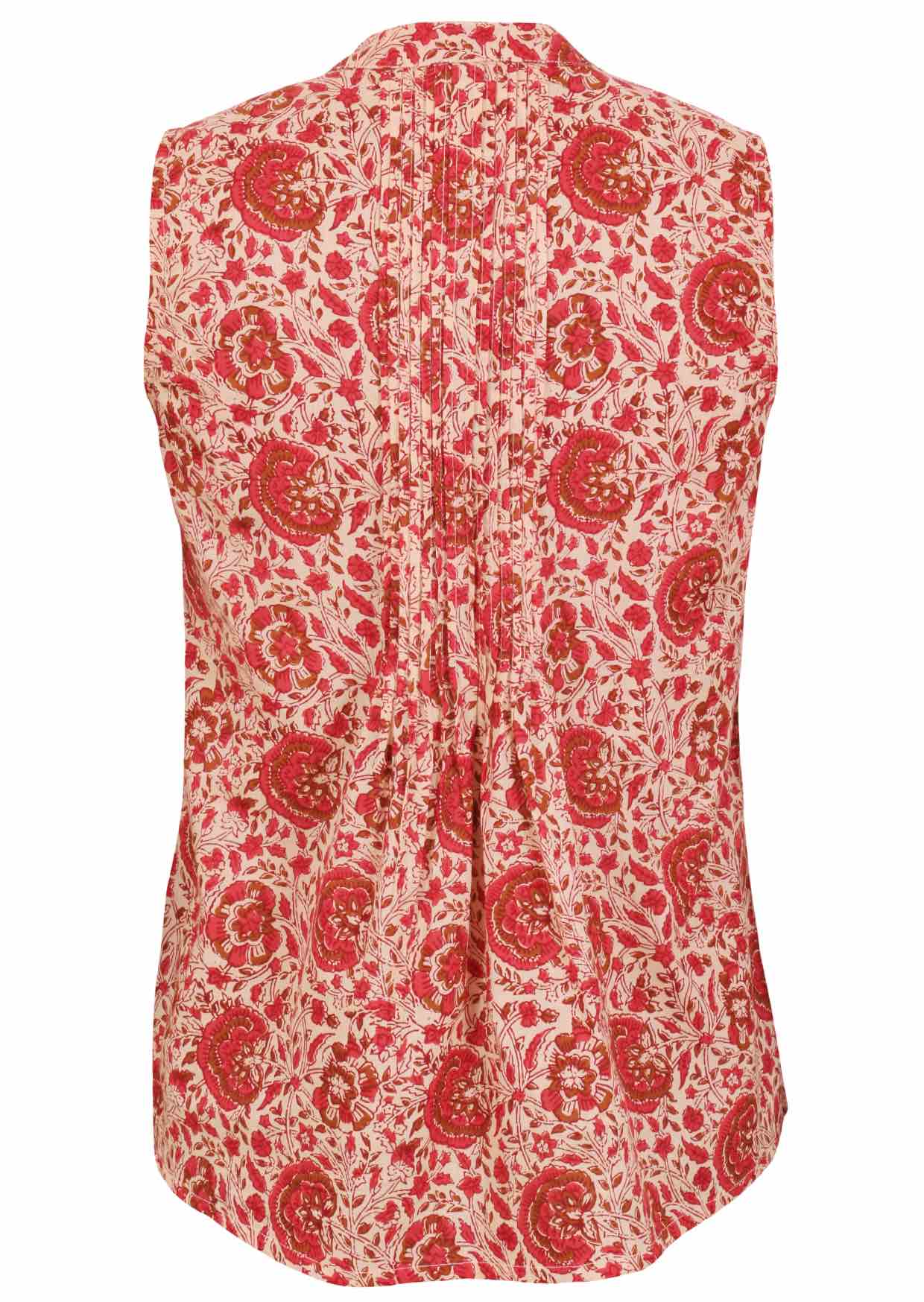 Back view of cream based floral print sleeveless top with flared hem and vertical decorative pleats at the center of the back 