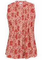Sleeveless cream based floral cotton top with button up collar, vertical small pleats and flared hem